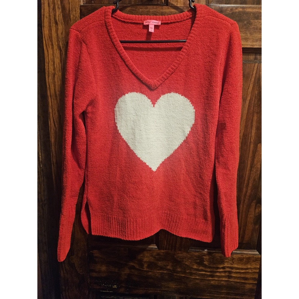 Betsey Johnson Womens Red Heart Colorblock V-Neck Pullover Sweater Large